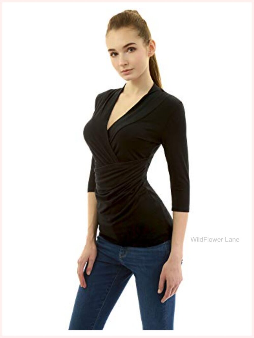 Women's 3/4 Sleeve V-Neck Twist Front Pleated Blouse